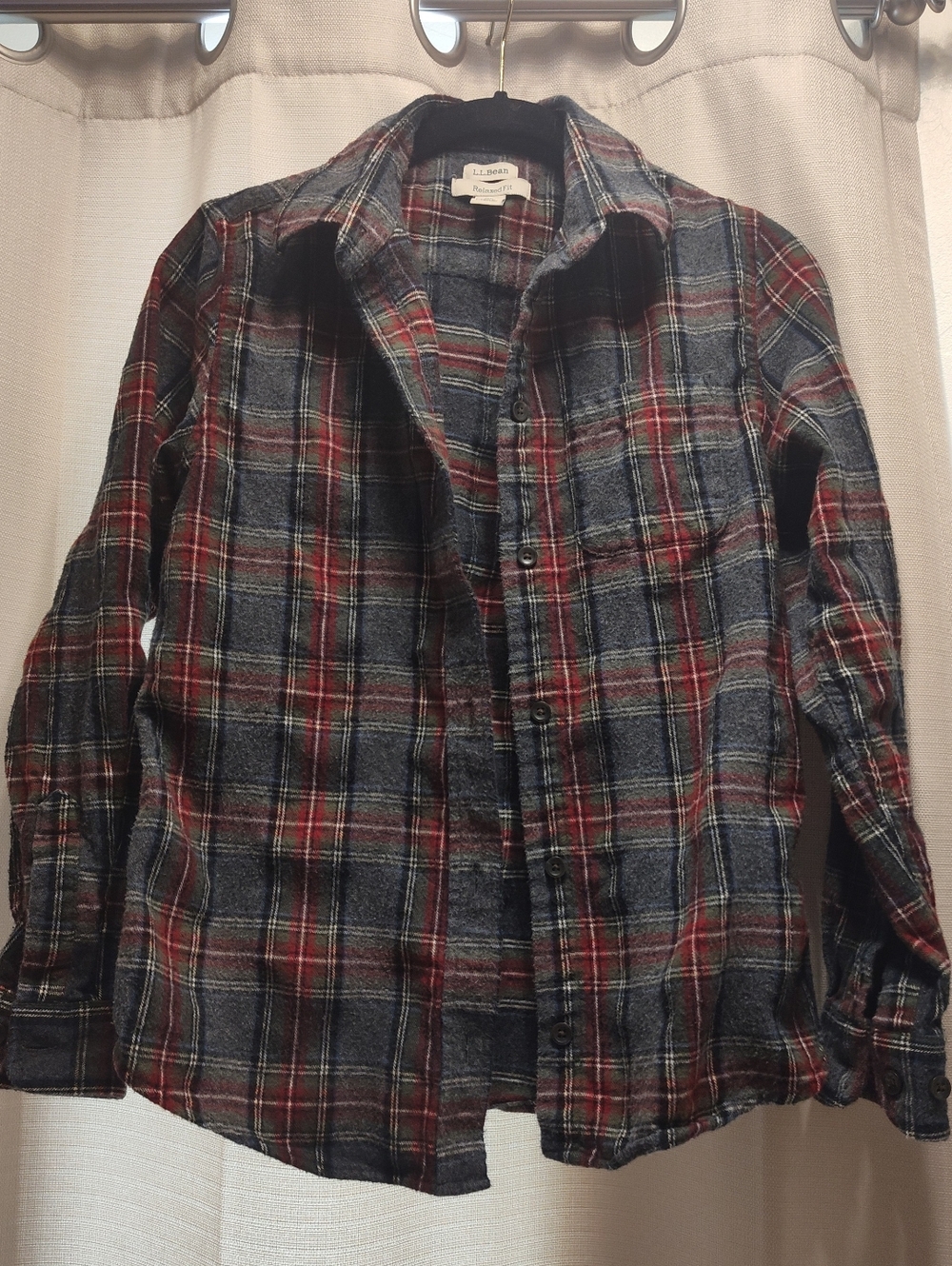 Women LL Bean Gray Red Flannel Plaid Shirt Top Size XS Relaxed Fit